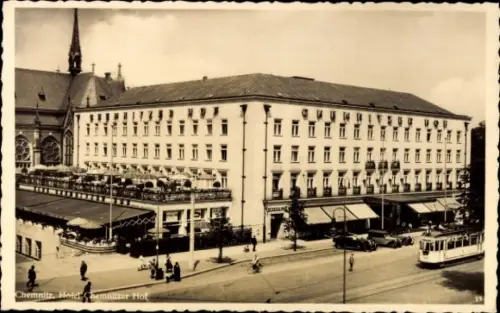 Ak Chemnitz in Sachsen, Hotel Chemnitzer Hof, Straßenbahn
