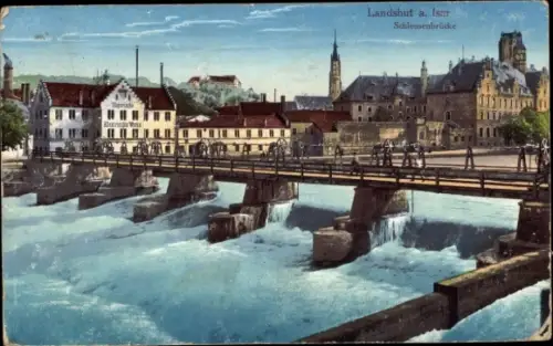 Ak Landshut in Niederbayern, Brücke, Landshut a. Isar, Schleusenbrücke, Wasserfall