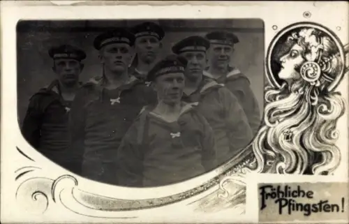 Passepartout Foto Ak Frohe Pfingsten, deutsche Seeleute in Uniform, Torpedoboot Halbflottille