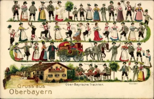 Präge Ak Menschen in Oberbayerischen Trachten, Bauernhaus