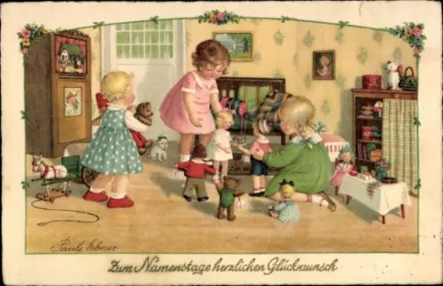 Künstler Ak Ebner, P., Glückwunsch Namenstag, Kinder, Spielzeuge, Puppen