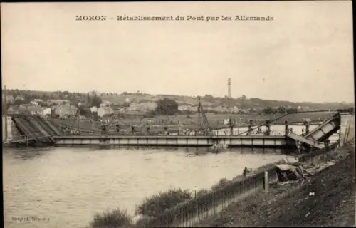 Ak Mohon Morbihan, Brücke, Menschen, Fluss,  Deutsche, Wiederaufbau