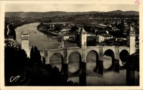 Ak Cahors Lot, Brücke, Fluss, Landschaft, Schwarz-Weiß