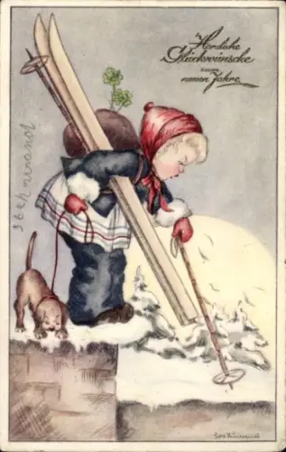 Künstler Ak Fröhliches Neujahr, Kind mit Skiern, Hund