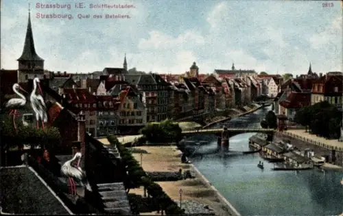 Ak Strasbourg Straßburg Elsass Bas Rhin, Störche, Fluss, Häuserzeilen,  Quai des Bateliers
