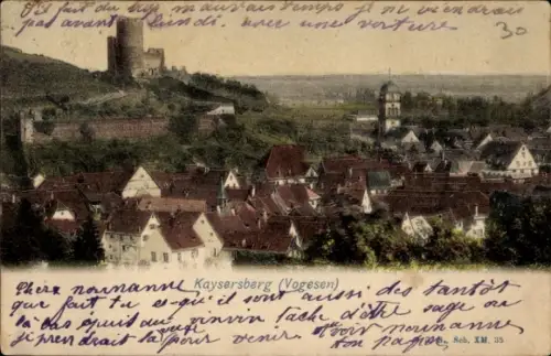 Ak Kaysersberg Elsass Haut Rhin, Blick auf  Vogesen, Burg im Hintergrund, Häuser, Text in Französ