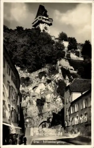 Ak Graz Steiermark, Schlossbergstiege,  Uhrturm, Felsen, Treppen