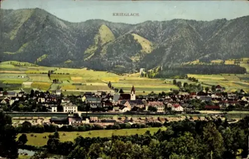Ak Krieglach Steiermark, Berglandschaft, Dorfansicht, Kirche, Wiesen, Felder