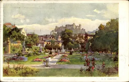 Ak Salzburg in Österreich, Mirabellgarten,  E. T. Compton, Blumen, Menschen