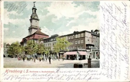 Ak Jelenia Góra Hirschberg Riesengebirge Schlesien, Rathaus, Sechshäuser