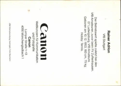 Autogrammkarte Fußballer Rainer Adrion, VfB Stuttgart