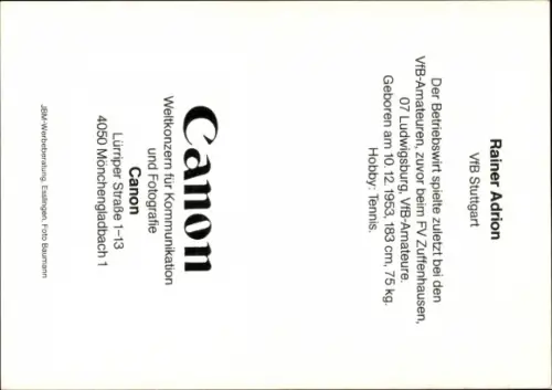 Autogrammkarte Fußballer Rainer Adrion,