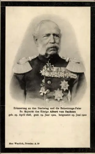 Ak König Albert von Sachsen, Portrait in Uniform, Orden, Trauerkarte