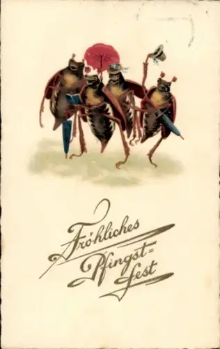 Ak Frohe Pfingsten, vermenschlichte Maikäfer