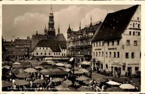 Ak Zwickau in Sachsen, Hauptmarkt, Kirchturm, Wochenmarkt