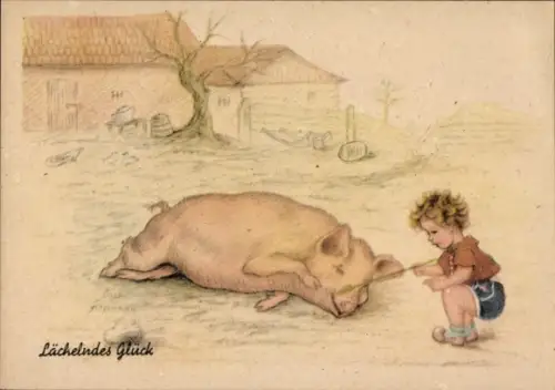 Künstler Ak Lächelndes Glück, Kind kitzelt ein Schwein mit einem Farn