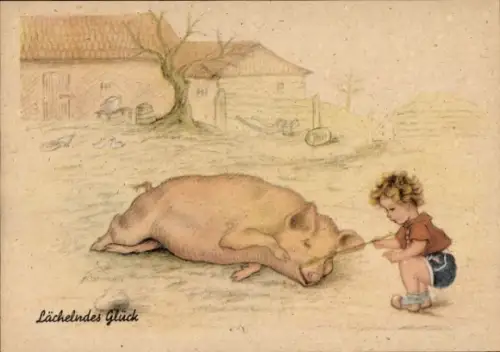 Künstler Ak Lächelndes Glück, Kind kitzelt ein Schwein mit einem Farn