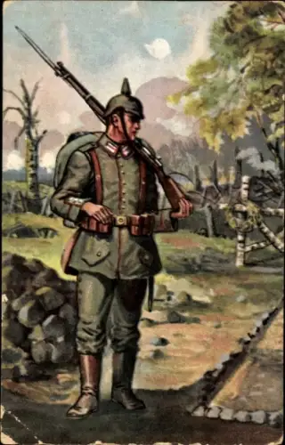 Künstler Ak Soldat auf Posten, Gewehr,Bajonett,Spitzhut