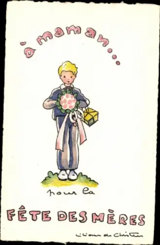 Künstler Ak Muttertag, Junge mit Blumenstrauß