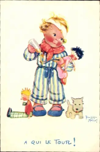 Künstler Ak Mallet, Beatrice, Kind mit Puppen, Hund, Hustensaft,Comite National de l'Enfance