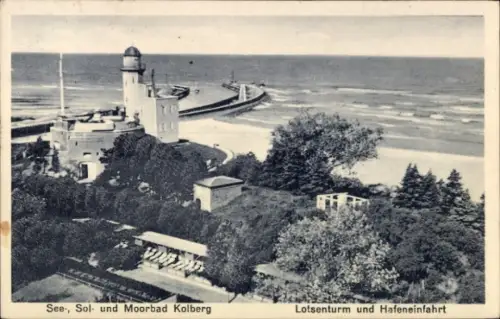 Ak Kołobrzeg Ostseebad Kolberg Pommern, Lotsenturm, Hafeneinfahrt, See-, Sol- und Moorbad Kolberg
