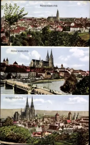 Ak Regensburg an der Donau Oberpfalz, Drei Ansichten von  Brücke, Kathedrale, Stadtansicht