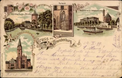 Litho Brandenburg an der Havel, St. Johanneskirche, Dom, Steintorturm, Roland, Brücke