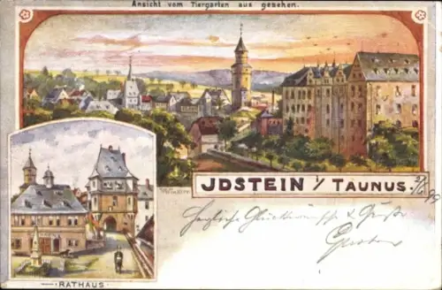 Litho Idstein im Taunus, Rathaus, Blick vom Tiergarten, Turm, Gebäude