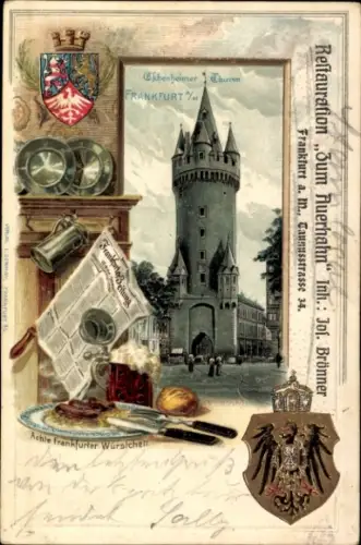 Präge Wappen Passepartout Litho Frankfurt am Main, Eschenheimer Turm, Würstchen, Zeitung