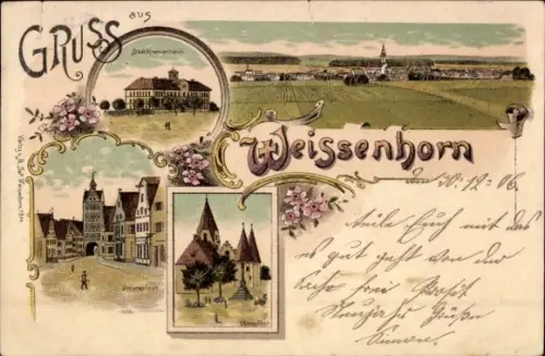Litho Weißenhorn in Schwaben, Gesamtansicht, Oberes Tor, Unteres Tor, Städt. Krankenhaus