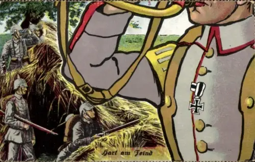 Ak Hart am Feind, Soldaten auf dem Schlachtfeld, getarnte Stellung, Trompeter, 1. WK