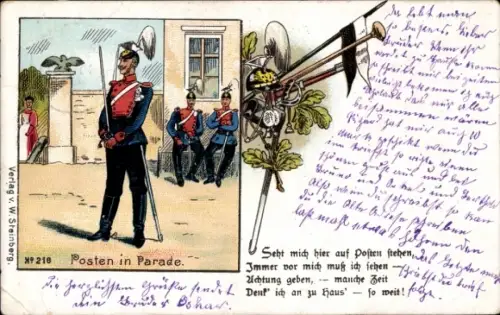 Ak Posten in Parade, Ulan in Uniform, Eichenlaub, Standarte