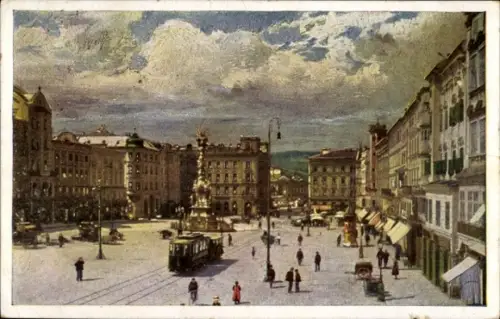 Künstler Ak Linz an der Donau Oberösterreich, Kaiser Franz Josef Platz, Straßenbahn