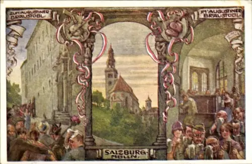 Ak Salzburg in Österreich, Augustiner Bräustübl, Kirche, Bier, Gäste