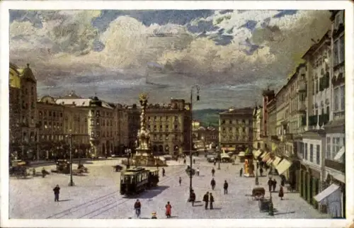 Künstler Ak Linz an der Donau Oberösterreich, Kaiser Franz Josef Platz, Straßenbahn