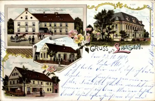 Litho Łażany Laasan Schlesien, Gasthaus zur Wilhelmshöh, Schloss, Kath. Schule, Postagentur