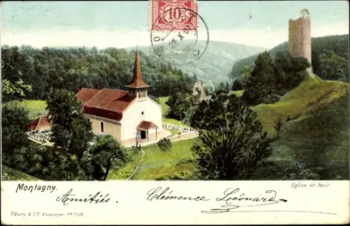 Ak Montagny les Monts Kanton Freiburg, Kirche und Turm