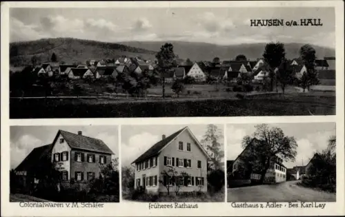Ak Hausen OA Hall Obersontheim, Kolonialwaren M. Schäfer, Rathaus, Gasthaus zum Adler, Karl Lay