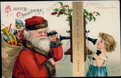 Künstler Präge Litho Clapsaddle, Glückwunsch Weihnachten, Weihnachtsmann telefoniert mit Mädchen