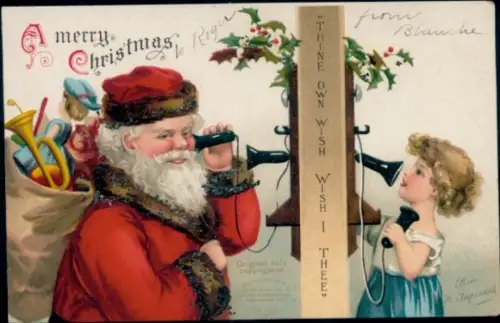 Künstler Präge Litho Clapsaddle, Glückwunsch Weihnachten, Weihnachtsmann telefoniert mit Mädchen