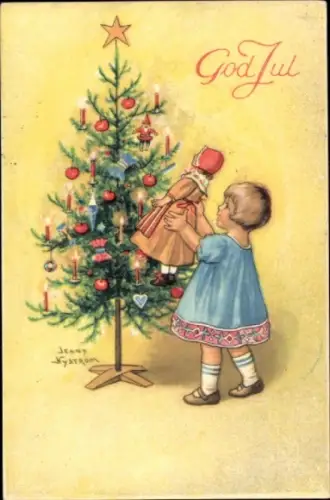 Künstler Ak Nyström, Jenny, Frohe Weihnachten, Tannenbaum, Mädchen mit Puppe