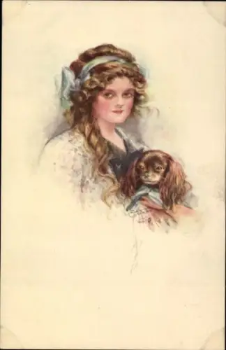 Künstler Ak Frau mit Hund, Portrait