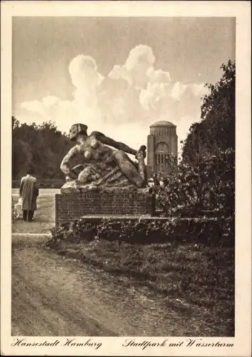 Ak Hamburg Nord Winterhude, Stadtpark mit Wasserturm, Statue