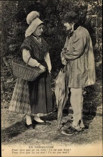 Ak Calvados Normandie, Normandische Tracht, Gespräch, Dame mit Korb, Mann mit Sonnenschirm