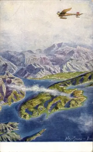 Künstler Ak Straka, Willy, Montenegro, Bocche di Cattaro, Bucht von Kotor vom Flugzeug aus