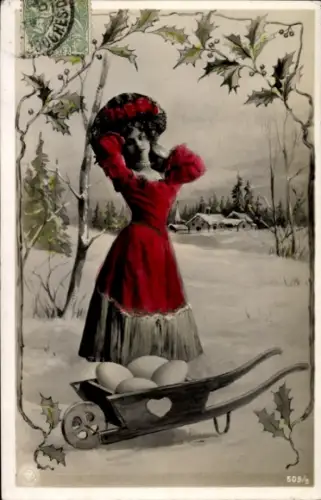 Ak Dorfidyll im Winter, Frau im roten Kleid