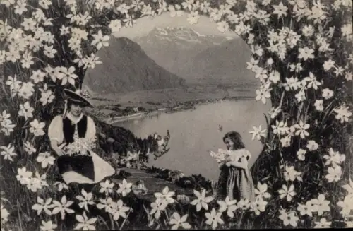 Ak Vevey Kanton Waadt, Frau und Mädchen auf Wiese mit Blumen