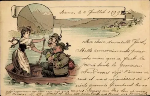 Litho Schweiz, Frau in Tracht setzt zwei Männer in einem Boot über