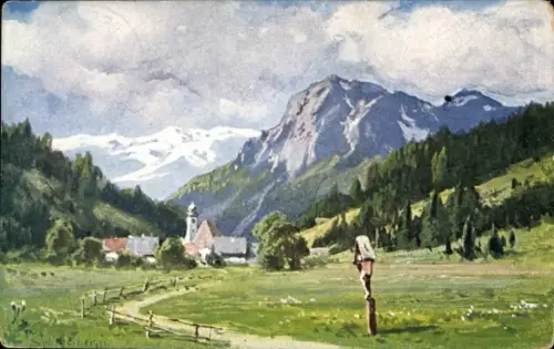Künstler Ak Splitgerber, Berglandschaft, Kirche, Wohnhäuser