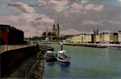 Ak Magdeburg an der Elbe,  Elbansicht, Dom, Wasser, Boote